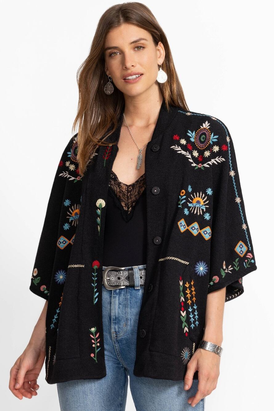 Johnny Was Josiy Poncho w Multicolored Floral & Geometric Embroidery Sz S
